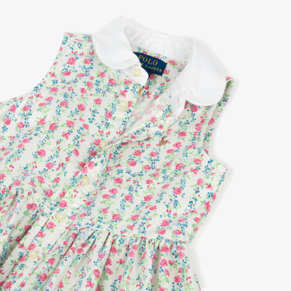 Ralph Lauren-Girls Pink & Ivory Cotton Floral Frock | Childrensalon Outlet