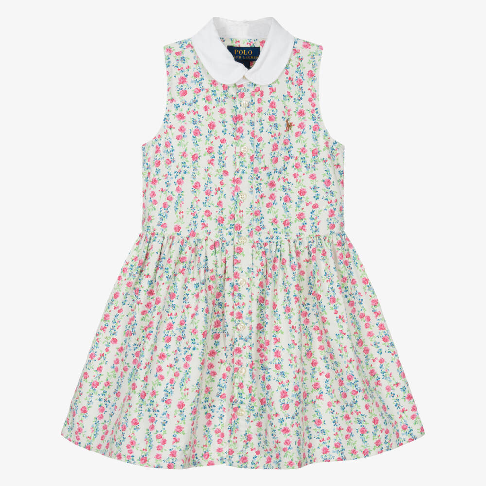 Ralph Lauren-Girls Pink & Ivory Cotton Floral Frock | Childrensalon Outlet