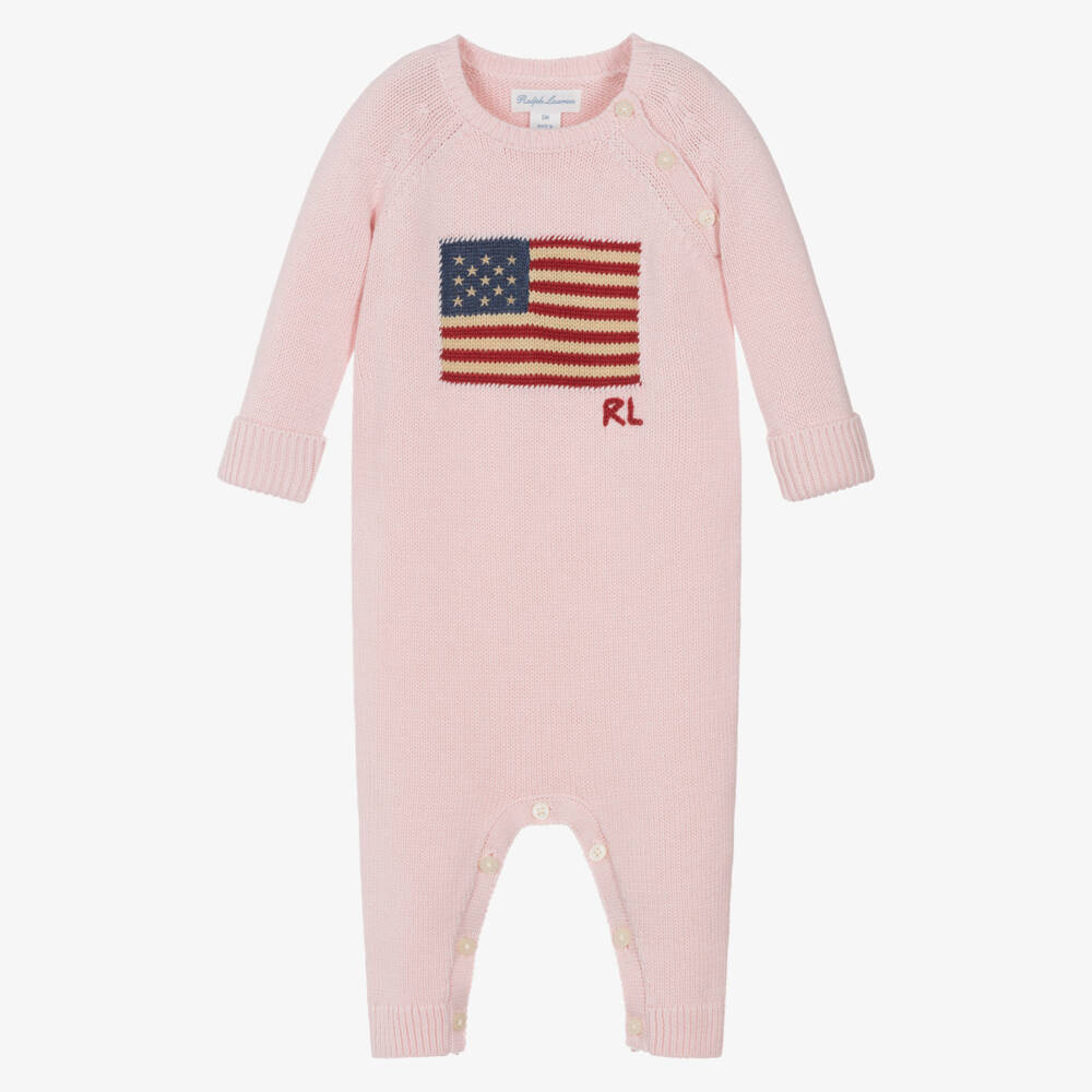 Ralph Lauren-Girls Pink Knitted Cotton USA Flag Romper | Childrensalon Outlet