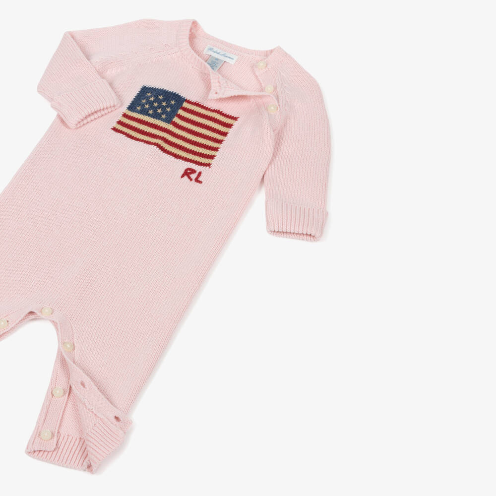 Ralph Lauren-Girls Pink Knitted Cotton USA Flag Romper | Childrensalon Outlet