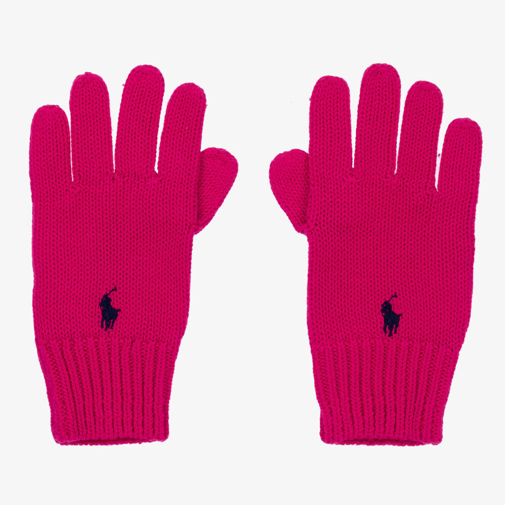 Polo Ralph Lauren - Girls Pink Knitted Logo Gloves | Childrensalon