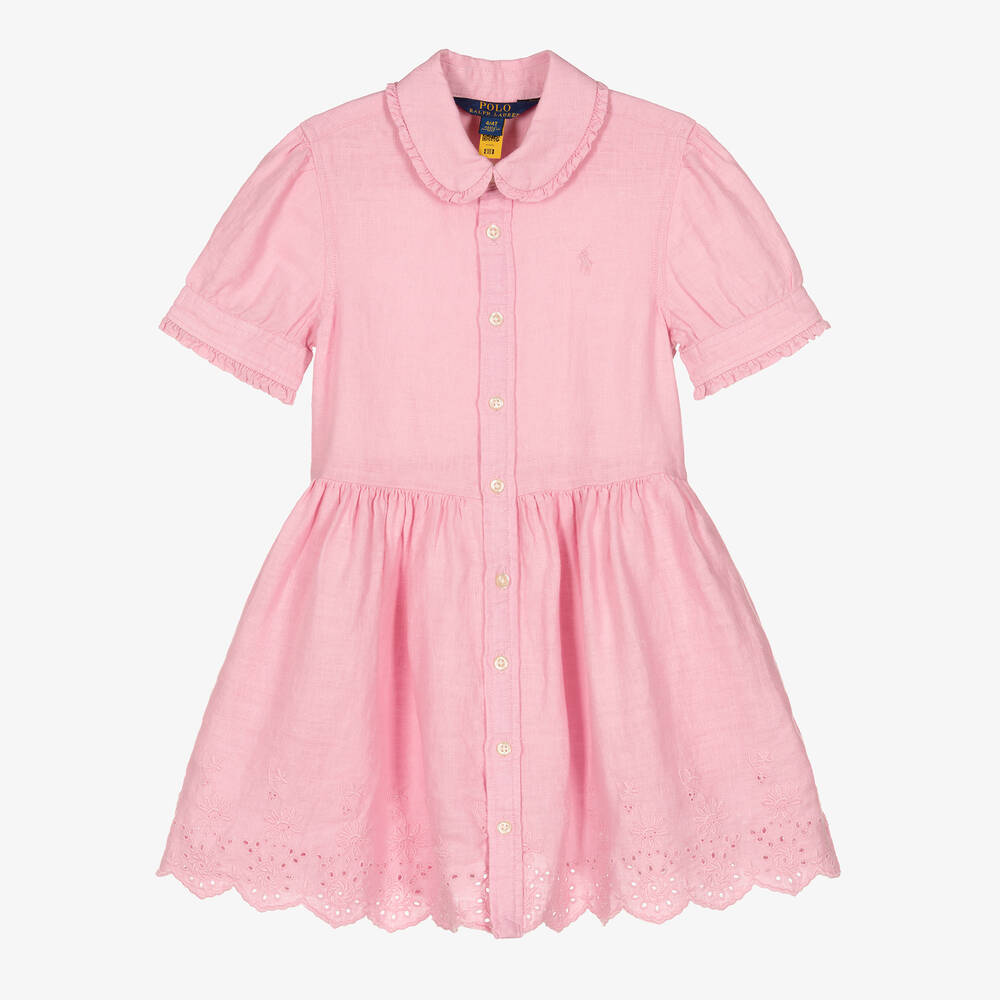Ralph Lauren - Розовое льняное платье с вышивкой английской гладью | Childrensalon
