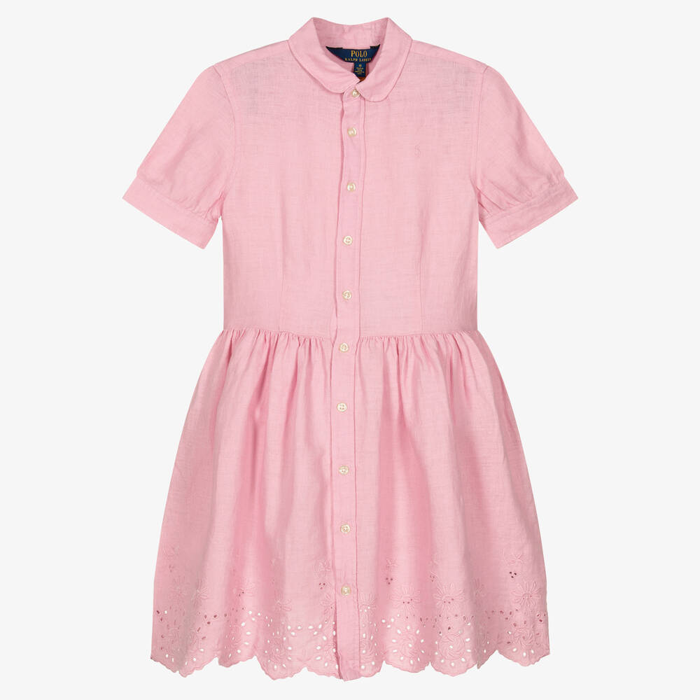 Ralph Lauren - Girls Pink Linen Broderie Anglaise Dress | Childrensalon