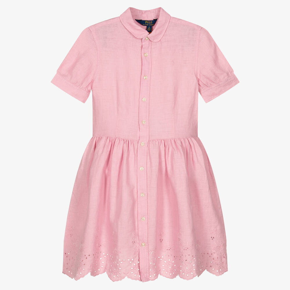 Ralph Lauren-Girls Pink Linen Broderie Anglaise Dress | Childrensalon Outlet