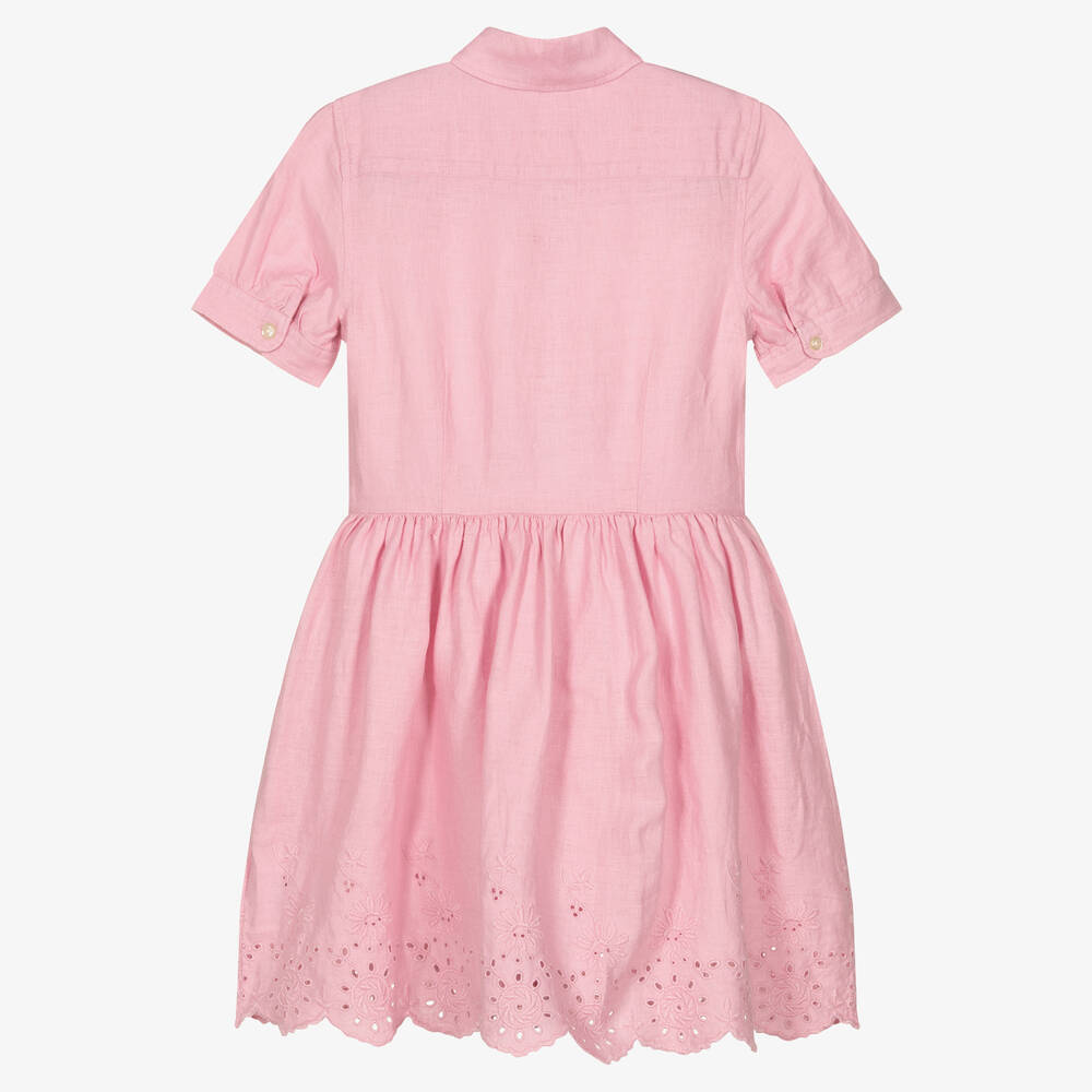 Ralph Lauren-فستان كتان برودوري تينز بناتي لون زهري | Childrensalon Outlet