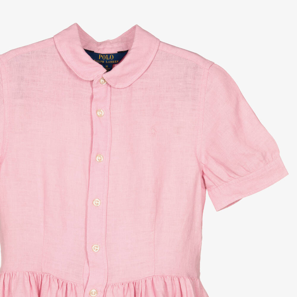 Ralph Lauren - Girls Pink Linen Broderie Anglaise Dress