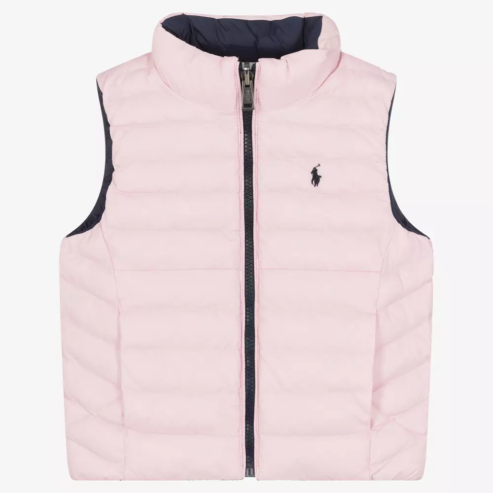 Ralph Lauren-Girls Pink & Navy Blue Reversible Gilet | Childrensalon Outlet