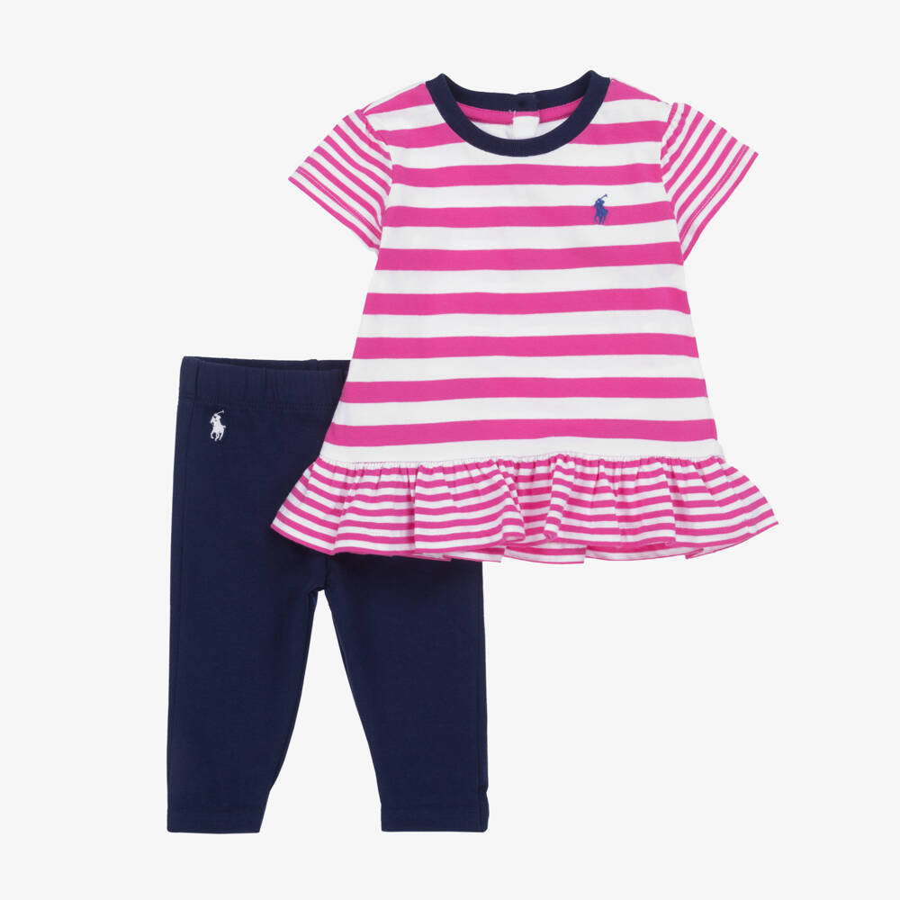 Ralph Lauren-Girls Pink & Navy Cotton Ensemble | Childrensalon Outlet