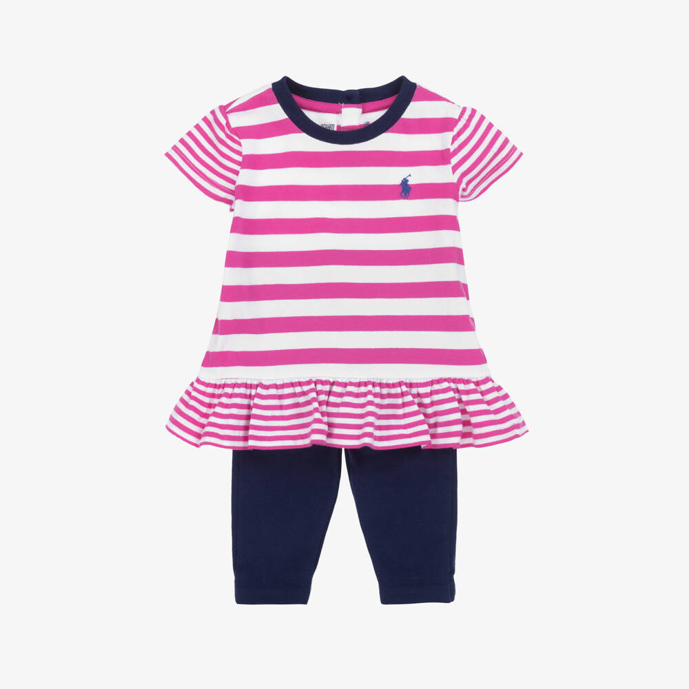 Ralph Lauren-Girls Pink & Navy Cotton Ensemble | Childrensalon Outlet
