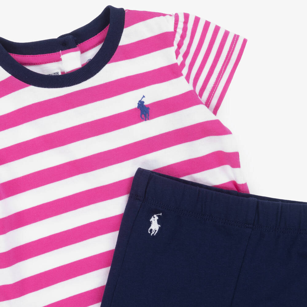 Ralph Lauren-Girls Pink & Navy Cotton Ensemble | Childrensalon Outlet