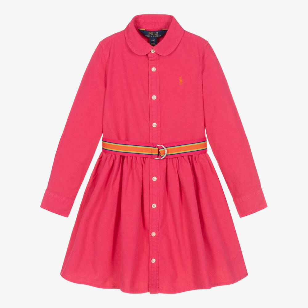 Ralph Lauren - Girls Pink Oxford Cotton Shirt Dress | Childrensalon