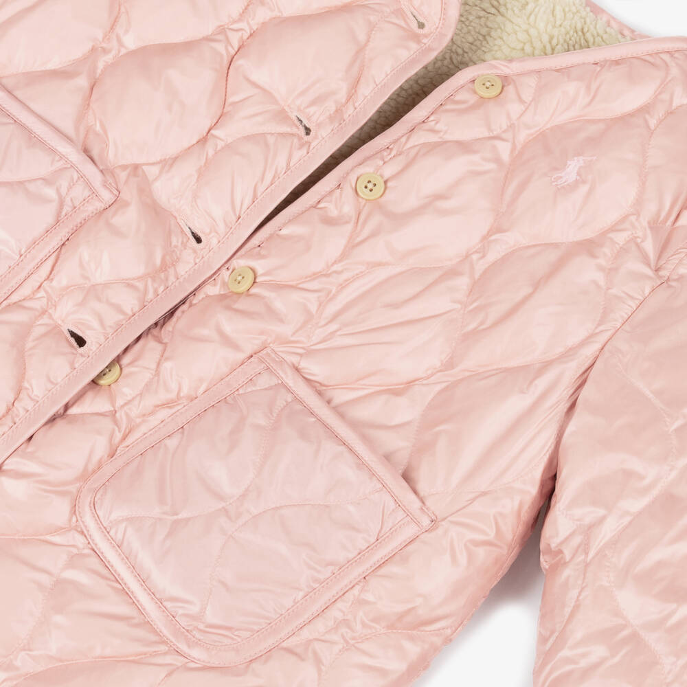 Ralph Lauren-Girls Pink Quilted Reversible Fleece Jacket | Childrensalon Outlet