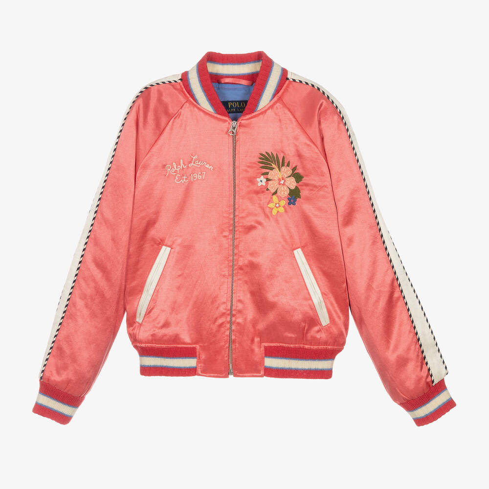 Ralph Lauren - Girls Pink Satin Baseball Jacket | Childrensalon