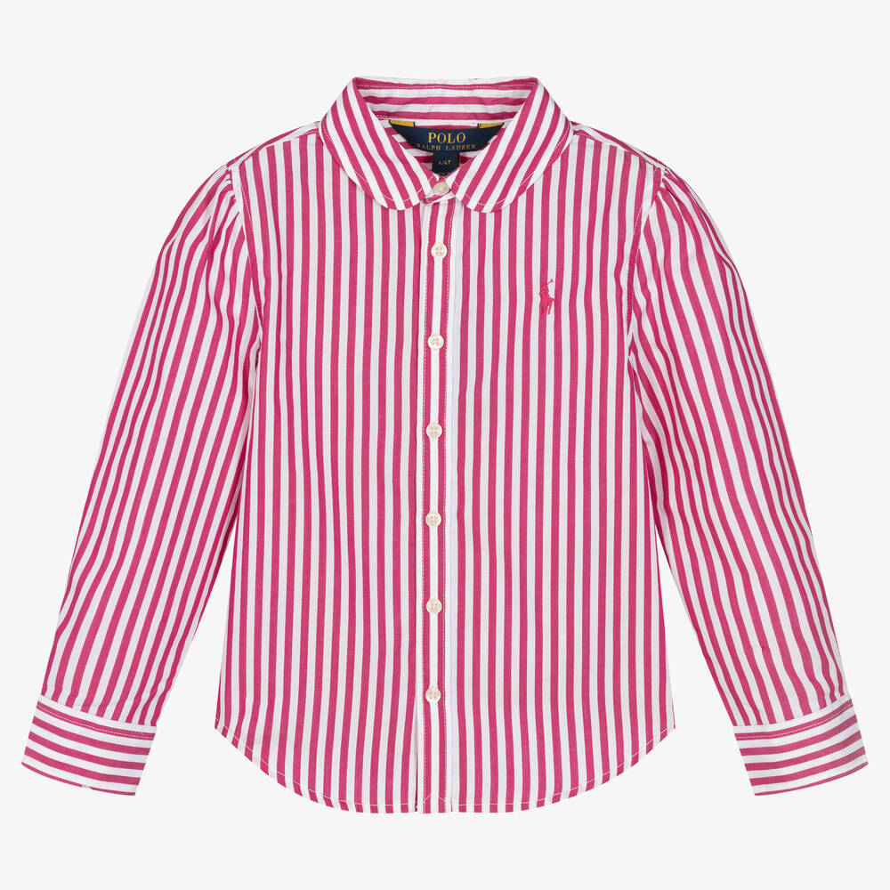 Ralph Lauren - قميص قطن بوبلين مقلم لون زهري وأبيض للبنات | Childrensalon