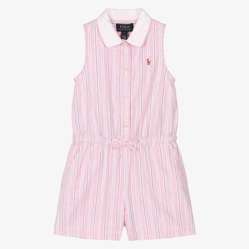 Ralph Lauren-Girls Pink Striped Cotton Playsuit | Childrensalon Outlet