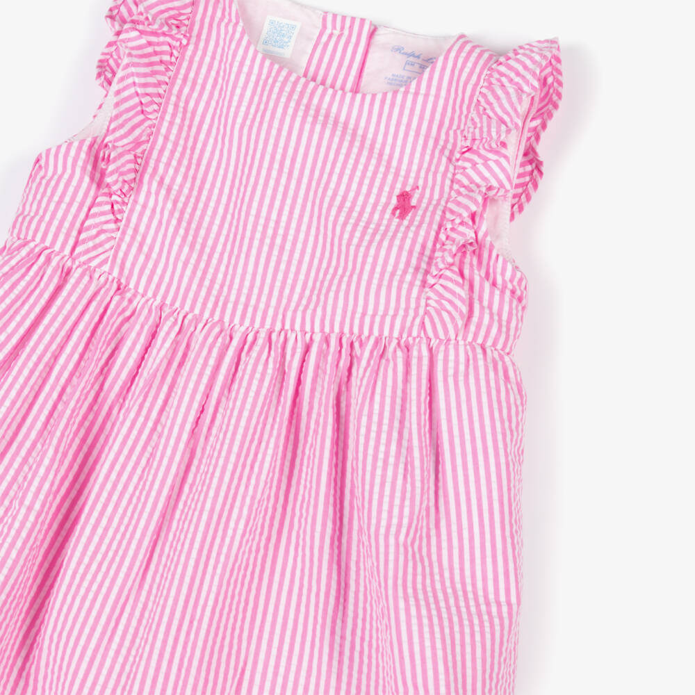 Ralph Lauren-Girls Pink Striped Seersucker Romper | Childrensalon Outlet
