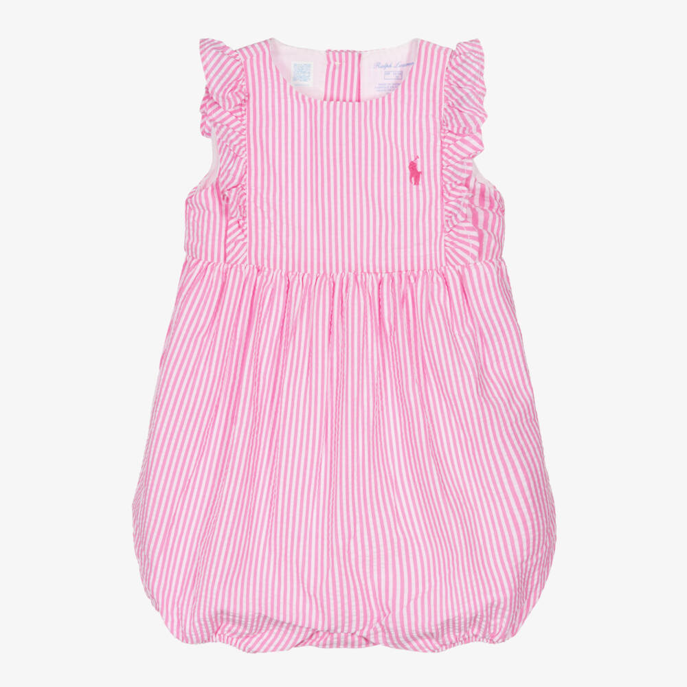 Ralph Lauren-Girls Pink Striped Seersucker Romper | Childrensalon Outlet