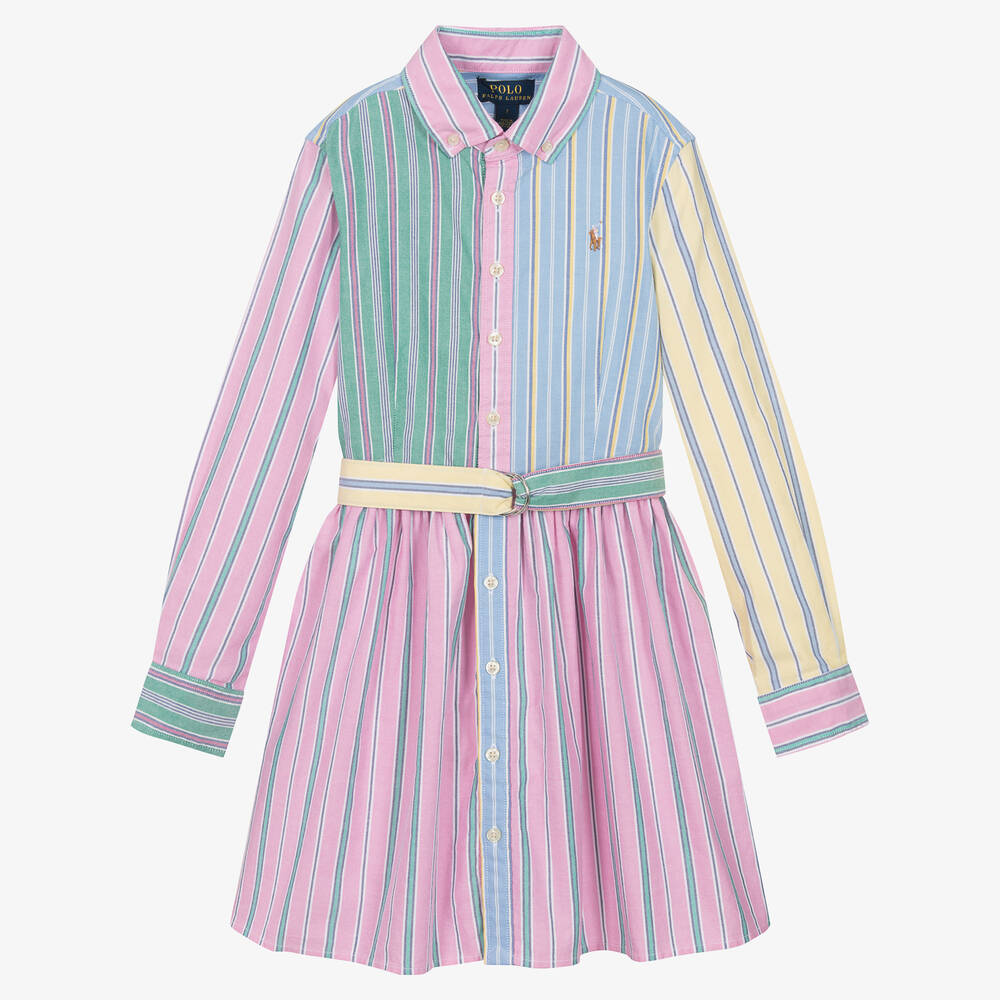 Ralph Lauren - فستان بنمط قميص قطن أكسفورد مقلّم لون زهري | Childrensalon