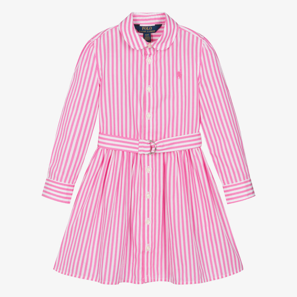 Ralph Lauren - Girls Pink Striped Shirt Dress | Childrensalon