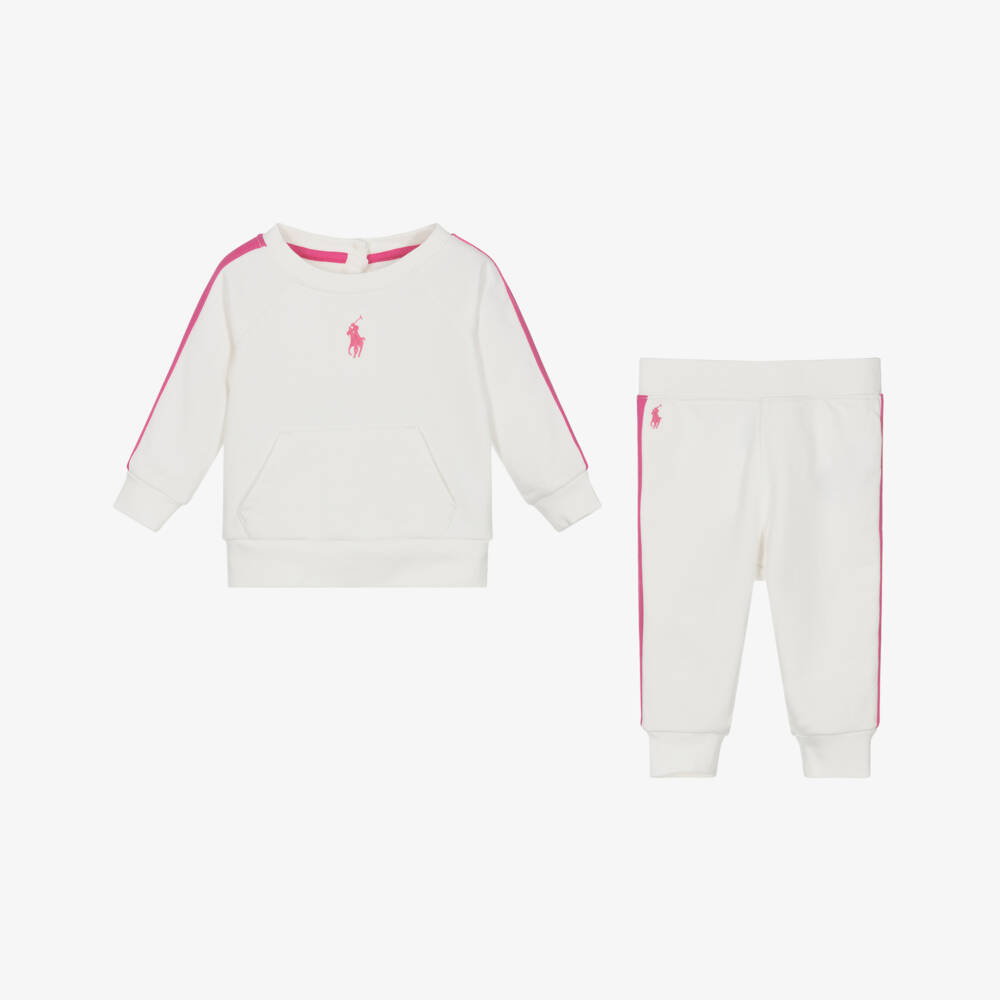 Ralph Lauren-Girls Pink-Trimmed White Jogger Set | Childrensalon Outlet