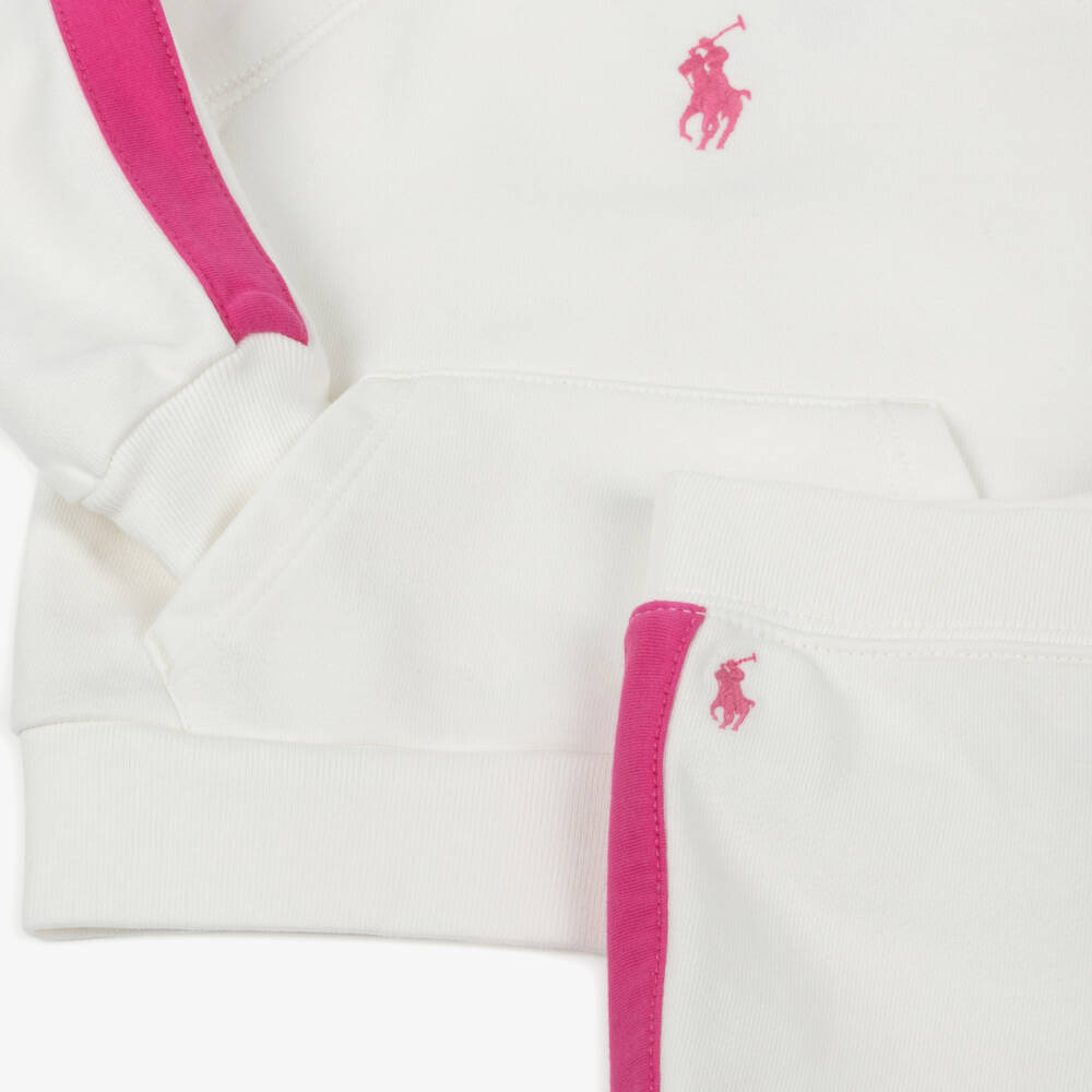 Ralph Lauren-Girls Pink-Trimmed White Jogger Set | Childrensalon Outlet