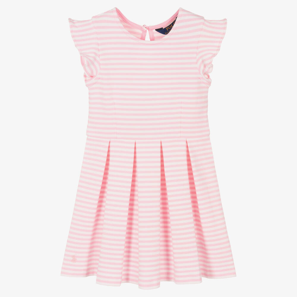 Polo Ralph Lauren - فستان قطن جيرسي مضلع مقلم لون زهري وأبيض | Childrensalon