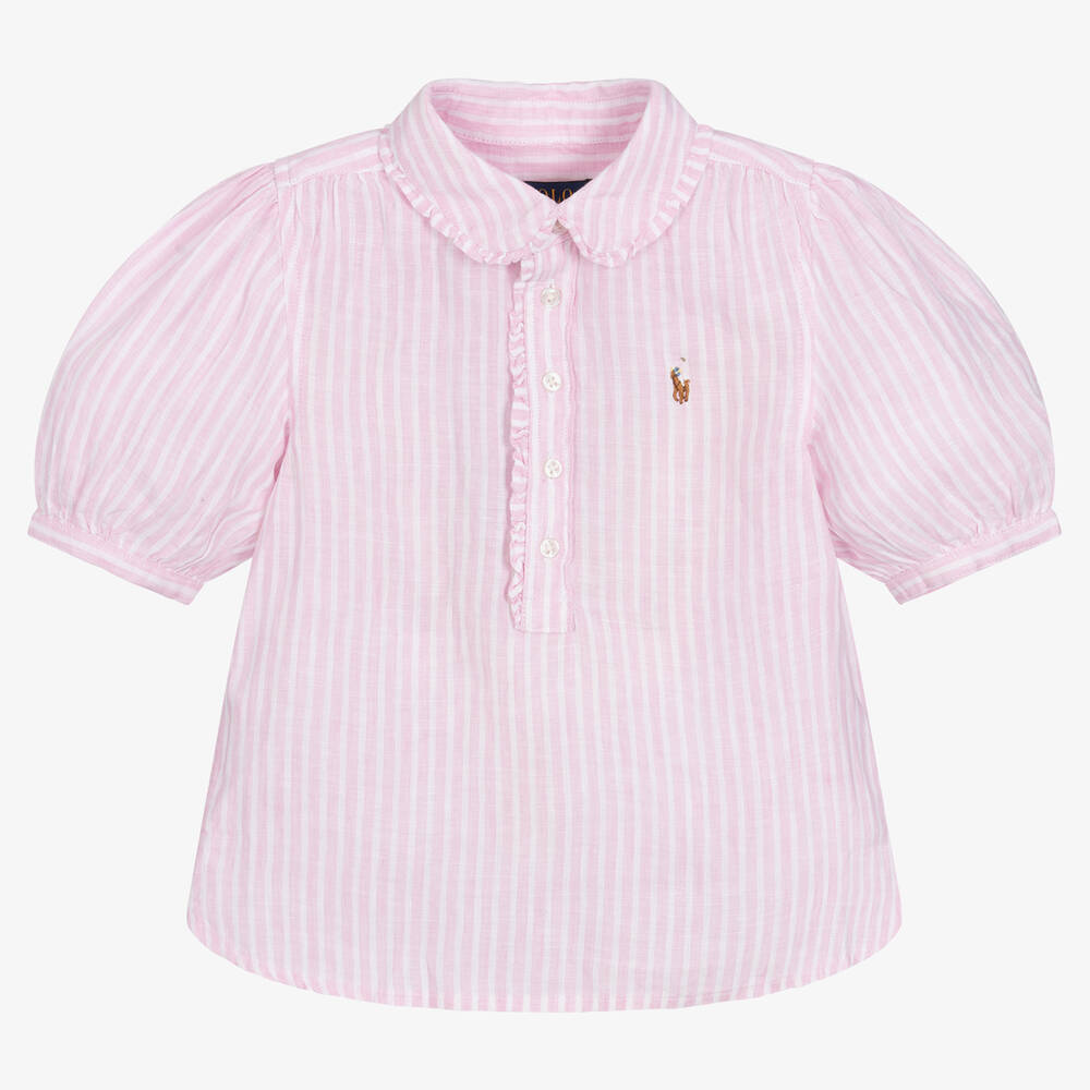 Polo Ralph Lauren - Girls Pink & White Stripe Linen Blouse | Childrensalon