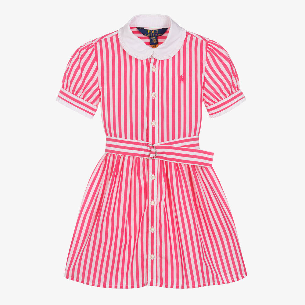 Polo Ralph Lauren - Girls Pink & White Striped Cotton Dress | Childrensalon