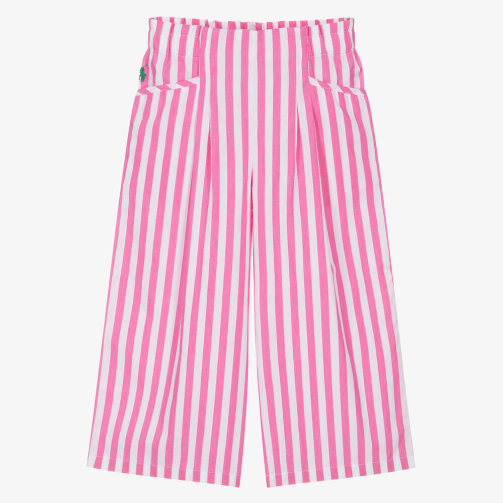 Ralph Lauren-Girls Pink & White Striped Cotton Poplin Wide-Leg Trousers | Childrensalon Outlet
