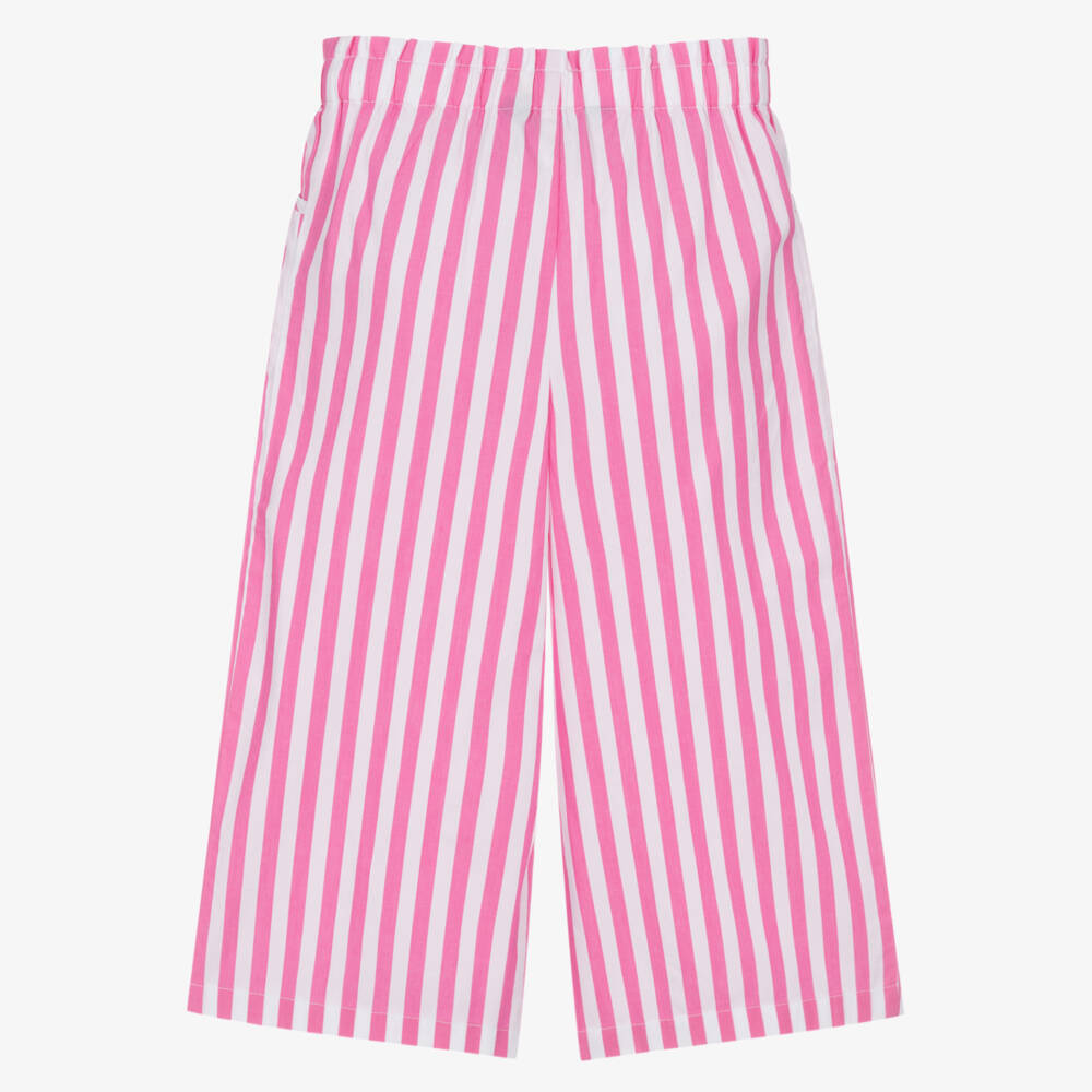 Ralph Lauren-Girls Pink & White Striped Cotton Poplin Wide-Leg Trousers | Childrensalon Outlet