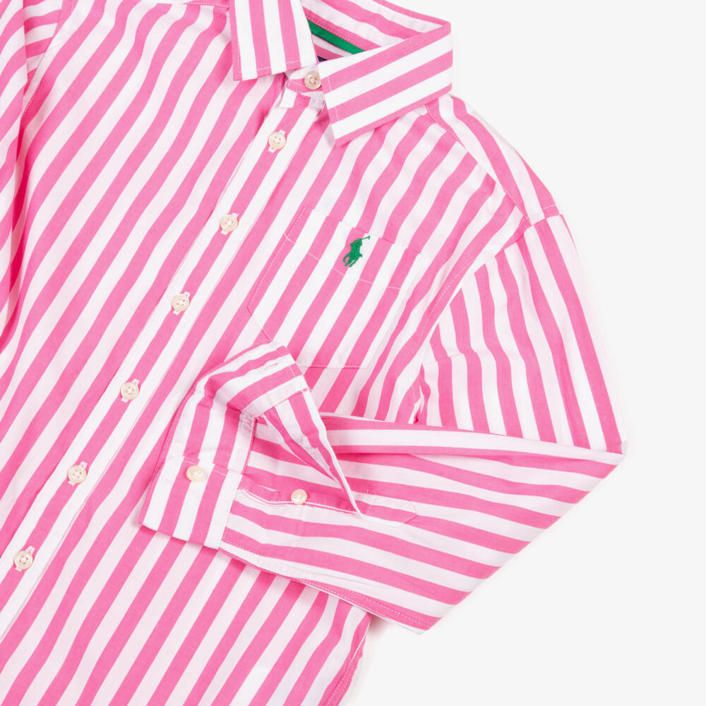 Ralph Lauren-Girls Pink & White Striped Cotton Shirt | Childrensalon Outlet