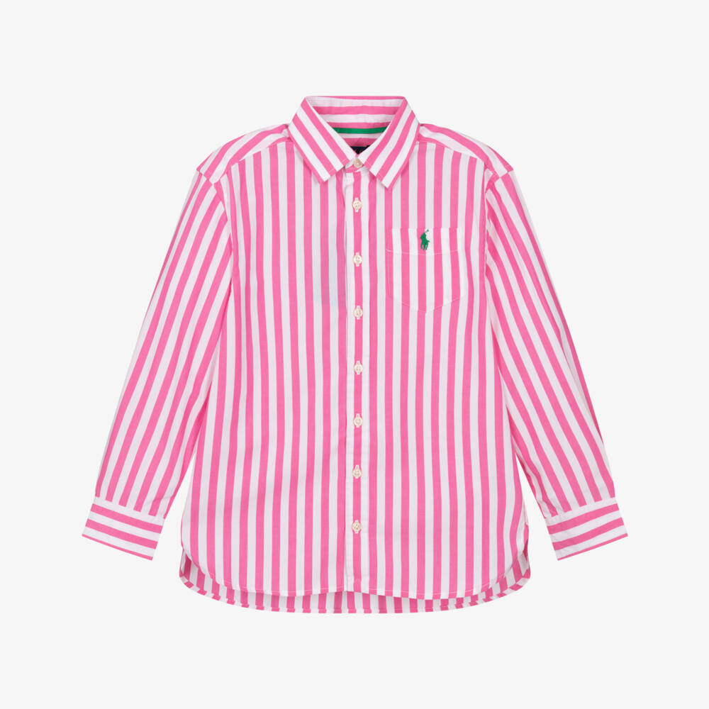 Ralph Lauren-Girls Pink & White Striped Cotton Shirt | Childrensalon Outlet