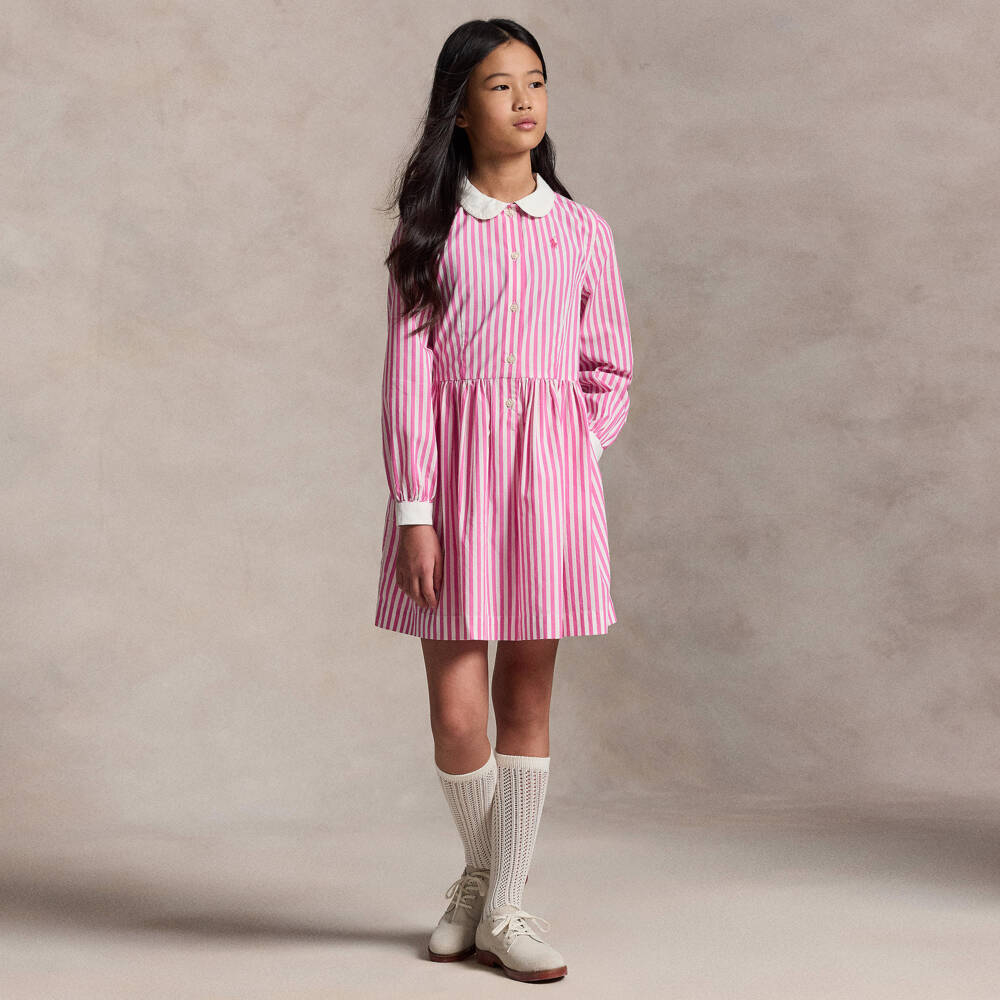 Ralph Lauren-Girls Pink & White Striped Cotton Shirt Dress | Childrensalon Outlet