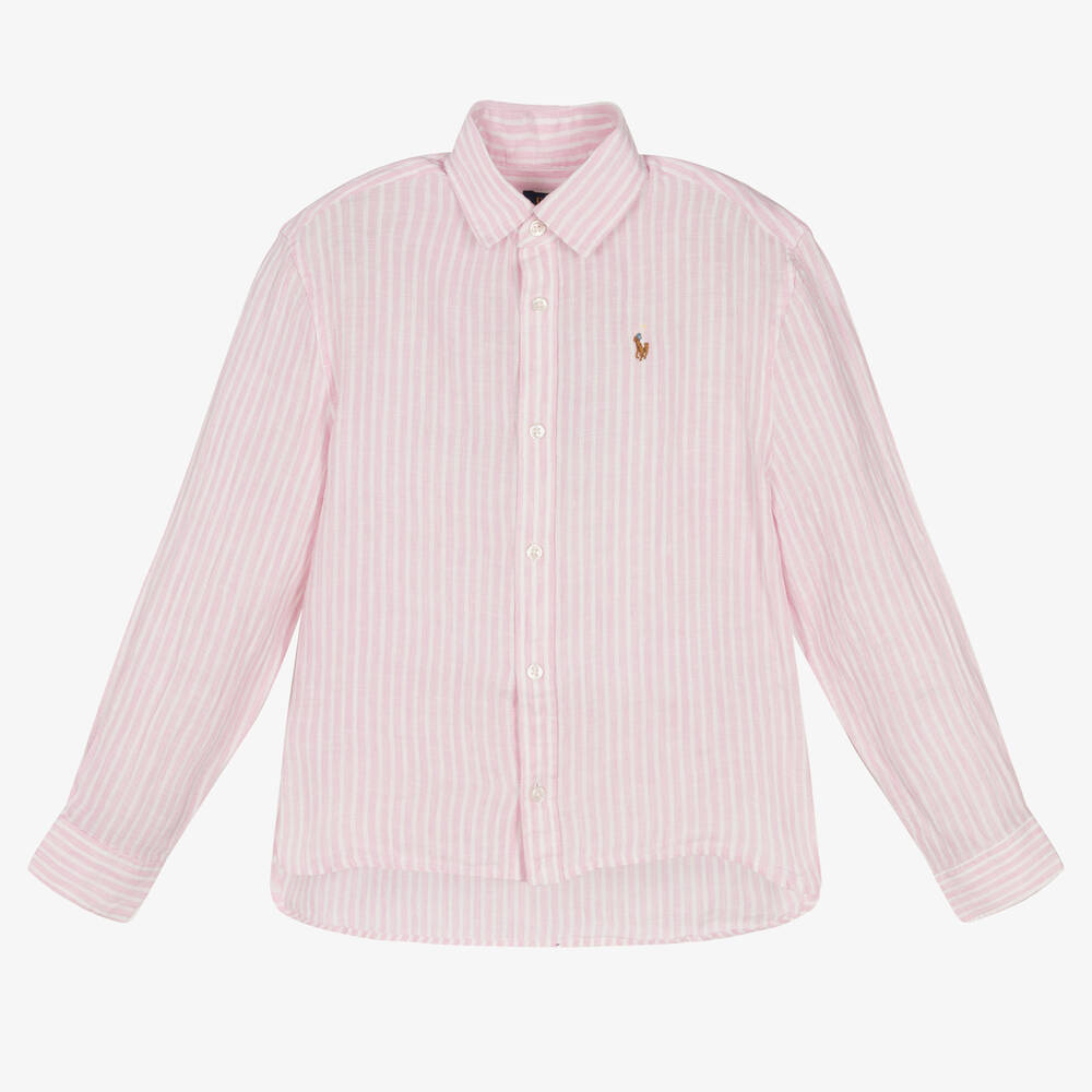Ralph Lauren - Льняная рубашка в розово-белую полоску | Childrensalon