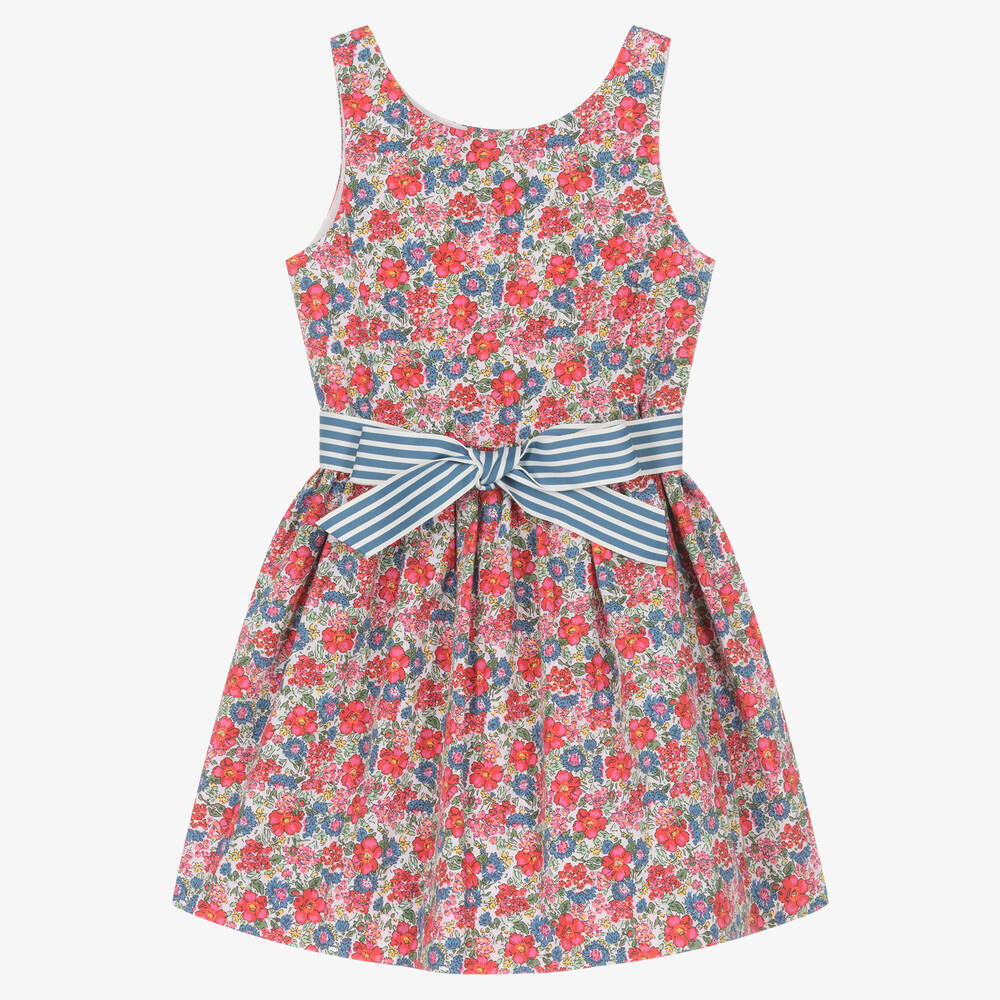 Ralph Lauren - Girls Red & Blue Floral Cotton Dress | Childrensalon