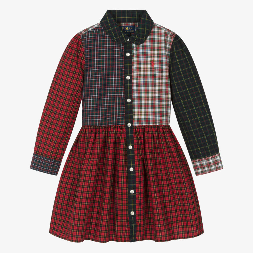 Ralph Lauren-فستان تارتان قطن لون أحمر وكحلي | Childrensalon Outlet