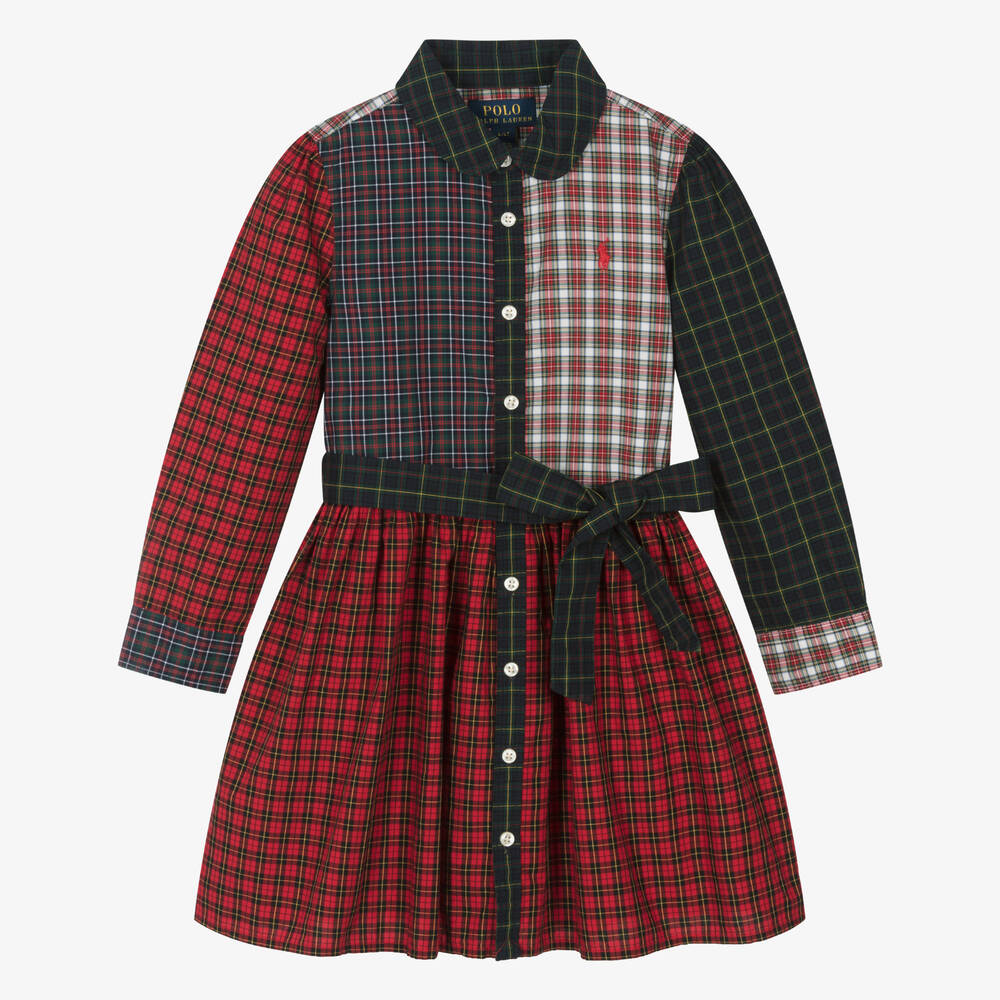 Ralph Lauren - فستان تارتان قطن لون أحمر وكحلي | Childrensalon