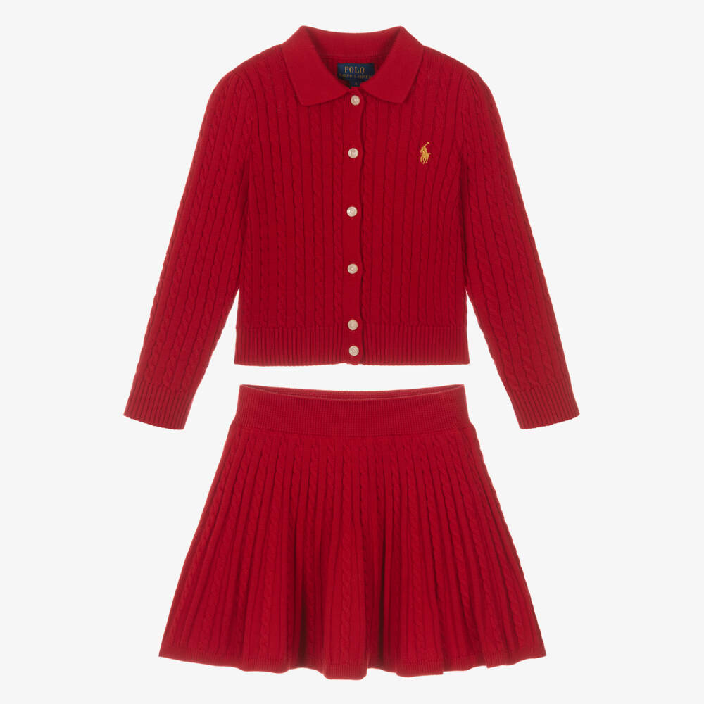 Ralph Lauren-Girls Red Cable Knit Cardigan & Skirt Set | Childrensalon Outlet