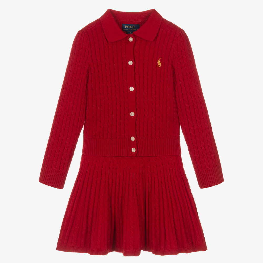 Ralph Lauren-Girls Red Cable Knit Cardigan & Skirt Set | Childrensalon Outlet