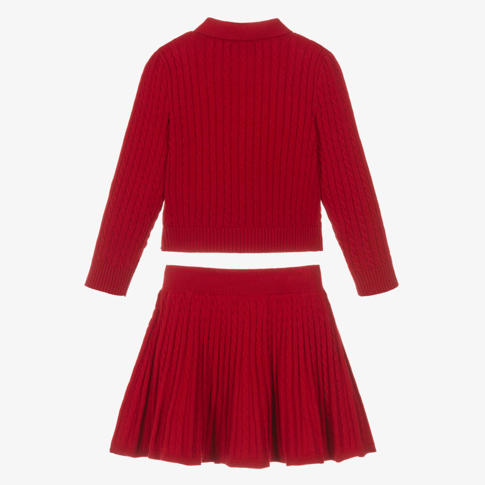 Ralph Lauren-Girls Red Cable Knit Cardigan & Skirt Set | Childrensalon Outlet
