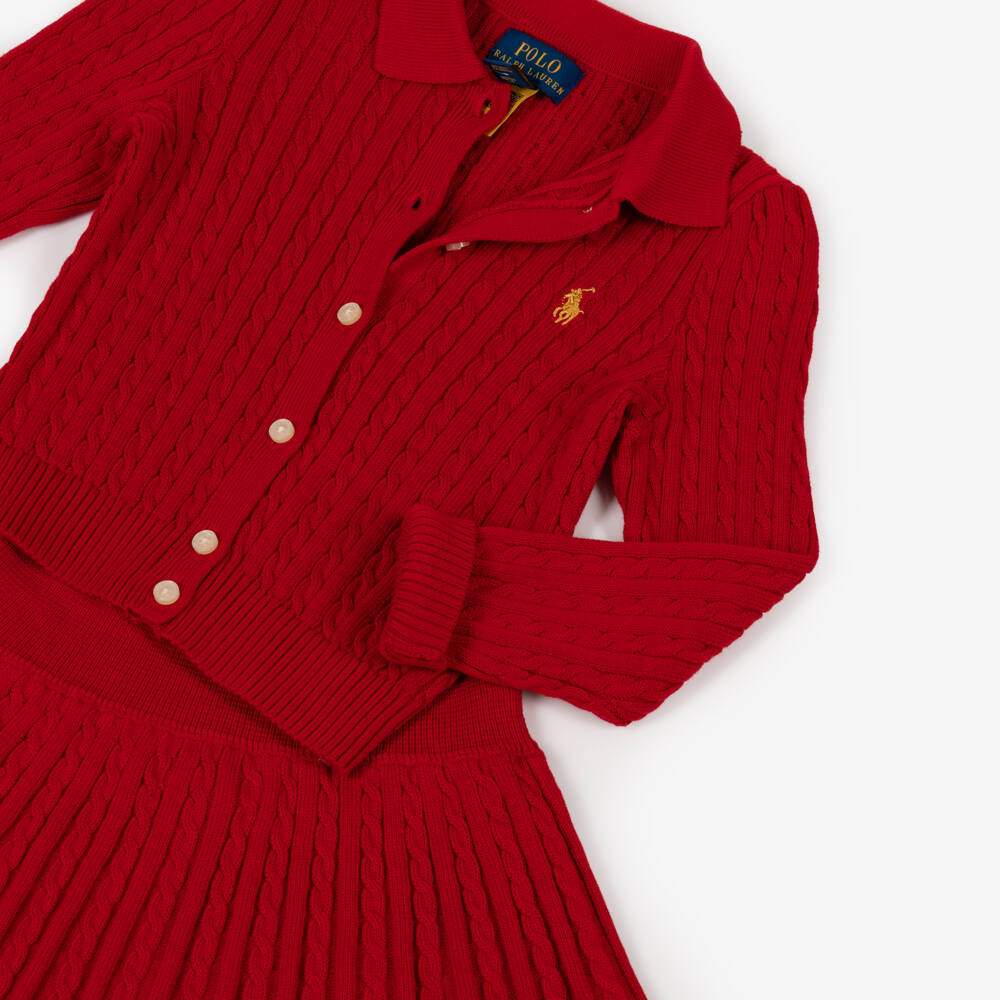 Ralph Lauren-Girls Red Cable Knit Cardigan & Skirt Set | Childrensalon Outlet