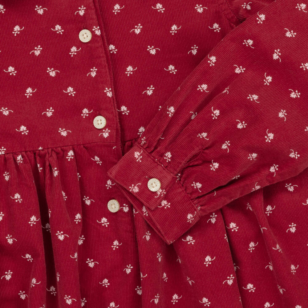 Ralph Lauren-Girls Red Corduroy Dress with Leaf Print | Childrensalon Outlet