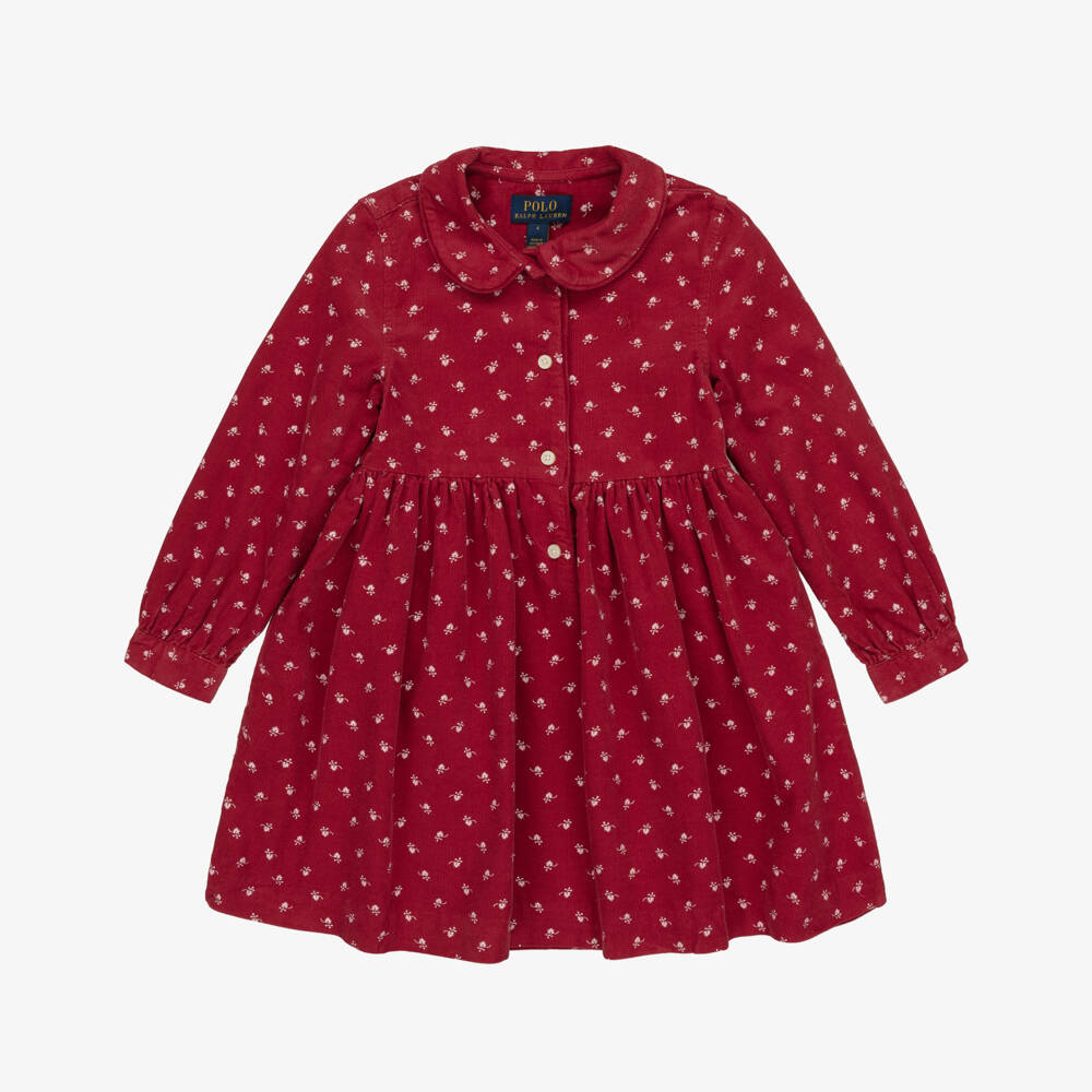 Ralph Lauren-Girls Red Corduroy Dress with Leaf Print | Childrensalon Outlet