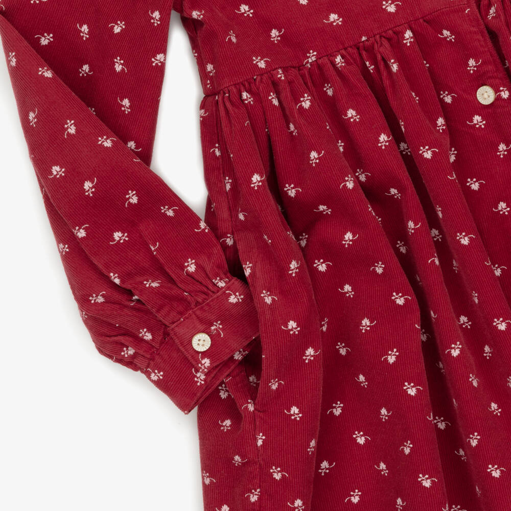 Ralph Lauren-Girls Red Corduroy Dress with Leaf Print | Childrensalon Outlet