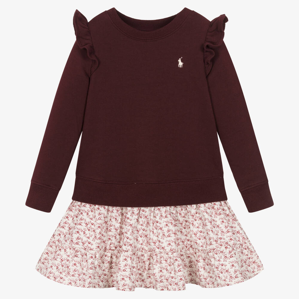 Ralph Lauren-Girls Red Cotton Floral Sweatshirt Dress | Childrensalon Outlet