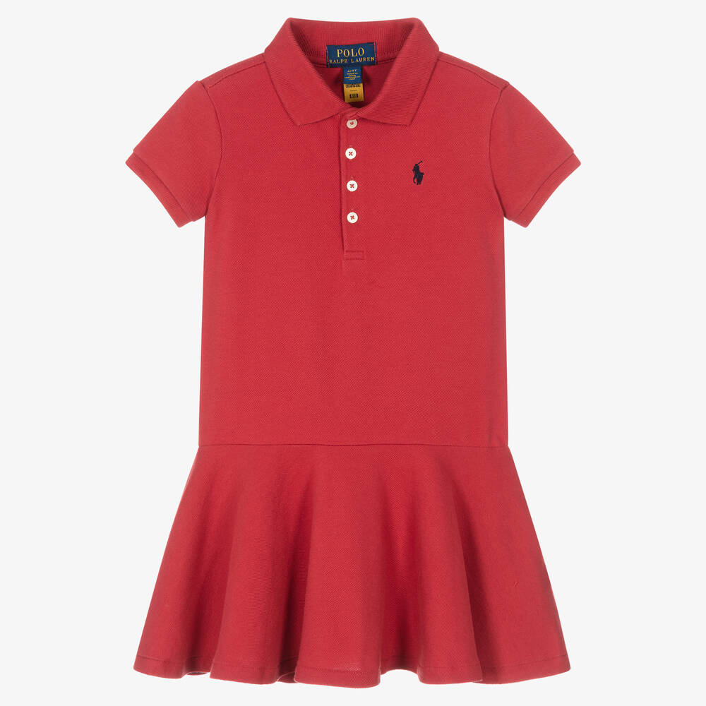 Polo Ralph Lauren - فستان قطن بيكيه لون أحمر | Childrensalon