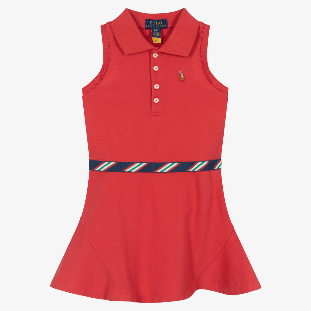 Ralph Lauren - Girls Red Cotton Piqué Polo Dress | Childrensalon