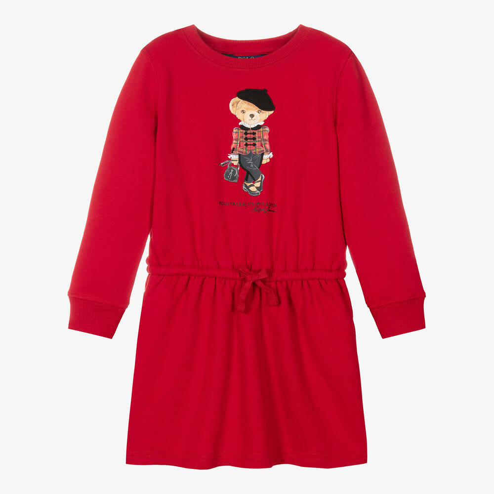 Ralph Lauren - Girls Red Cotton Polo Bear Dress | Childrensalon