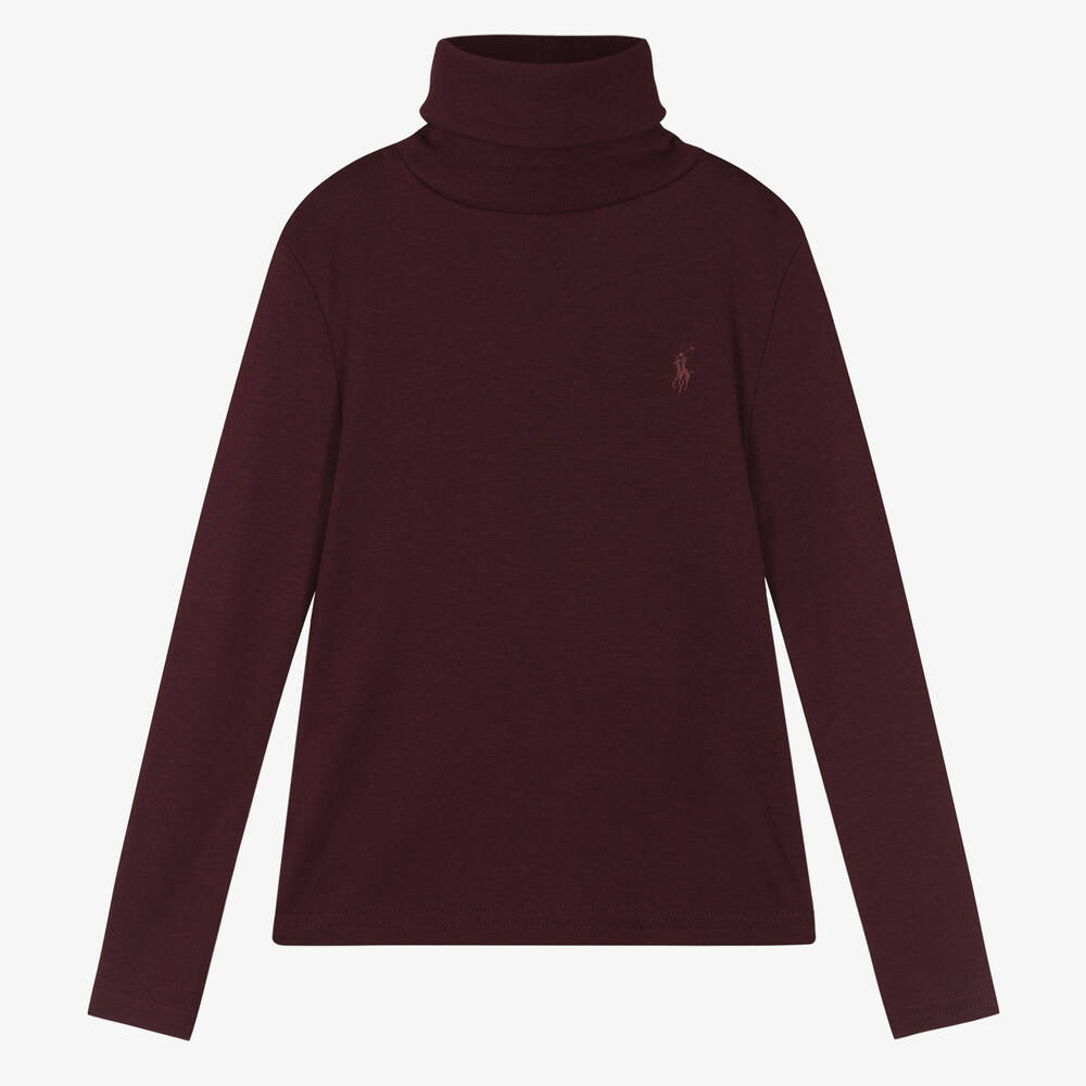 Ralph Lauren - Girls Red Cotton Roll Neck Sweater | Childrensalon