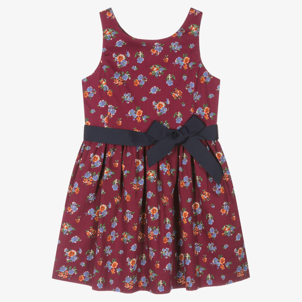 Ralph Lauren - Girls Red Floral Cotton Dress | Childrensalon